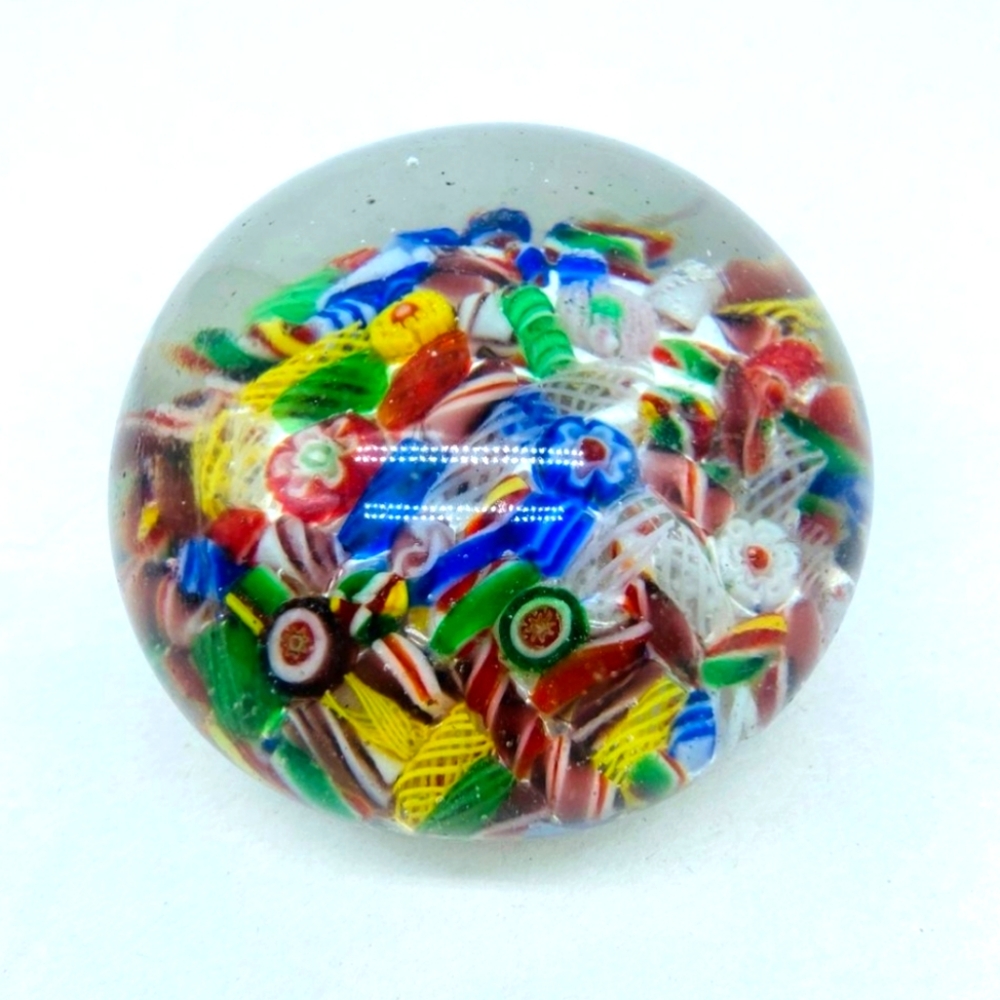 Multicolour Scramble Of Canes And Latticework Art Glass Paperweight
